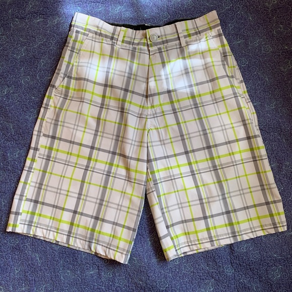 OP Other - OP Flex 4-Way Plaid Shorts Stretch Dryfit-Like Material Long Board Grey Lime